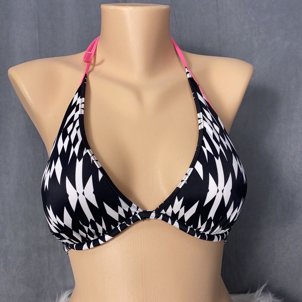 Victoria's Secret The High Tie Halter Size 32D Bikini Top Black White Pink Swim